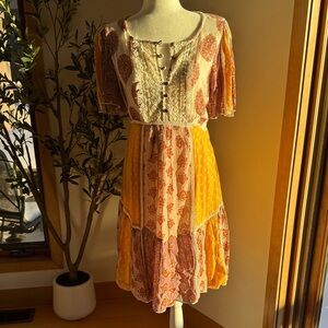 Anthropologie Patchwork Mini Dress in Orange and Cream